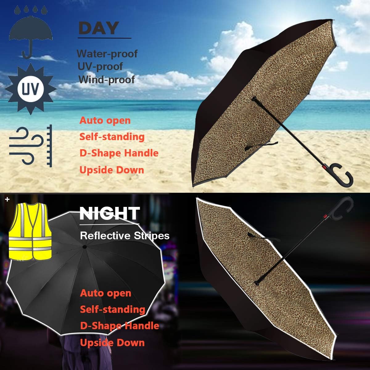 SIEPASA Auto Open Reverse Umbrella, Umbrella Windproof, Inverted Umbrella, Umbrellas for Women with UV Protection, Upside Down Umbrella with Safe Reflective Stripe (Leopard, Auto)