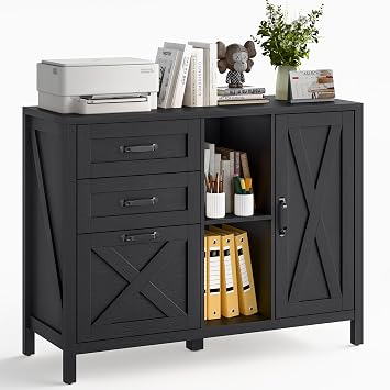 Lateral File Cabinet with 3 Drawers and Door, Farmhouse File Cabinet with Adjustable Shelf for Letter/A4 Size Hanging Files, Printer Stand with Storage Cabinet for Home Office Furniture, Black
