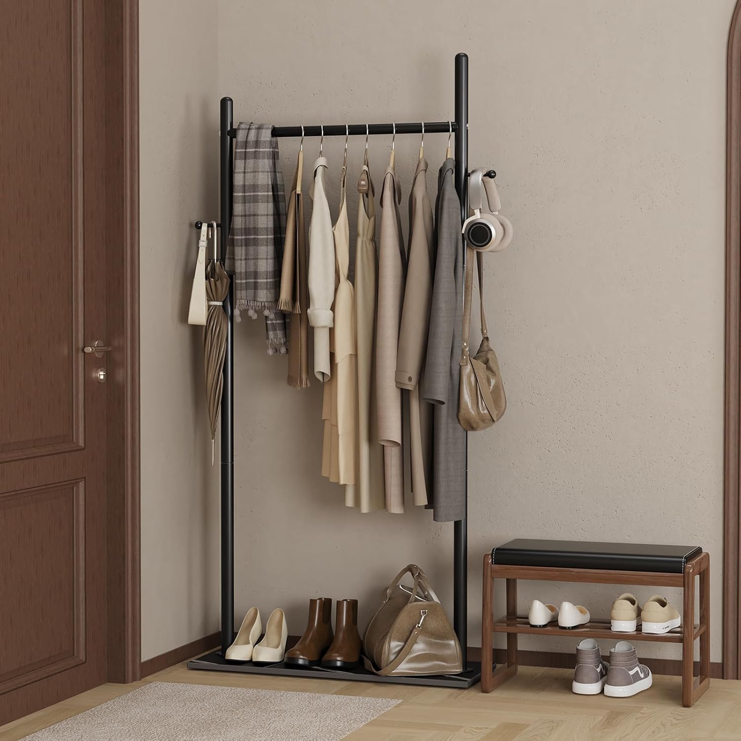 Nianerfaya Clothes Rack with 2 Hooks, Standing Garment Storage for Indoor - Coat Rack for Hanging Clothes for Bedroom - 25.6" Wide Garment Rack Metal Clothing Hanger Rack (Black)