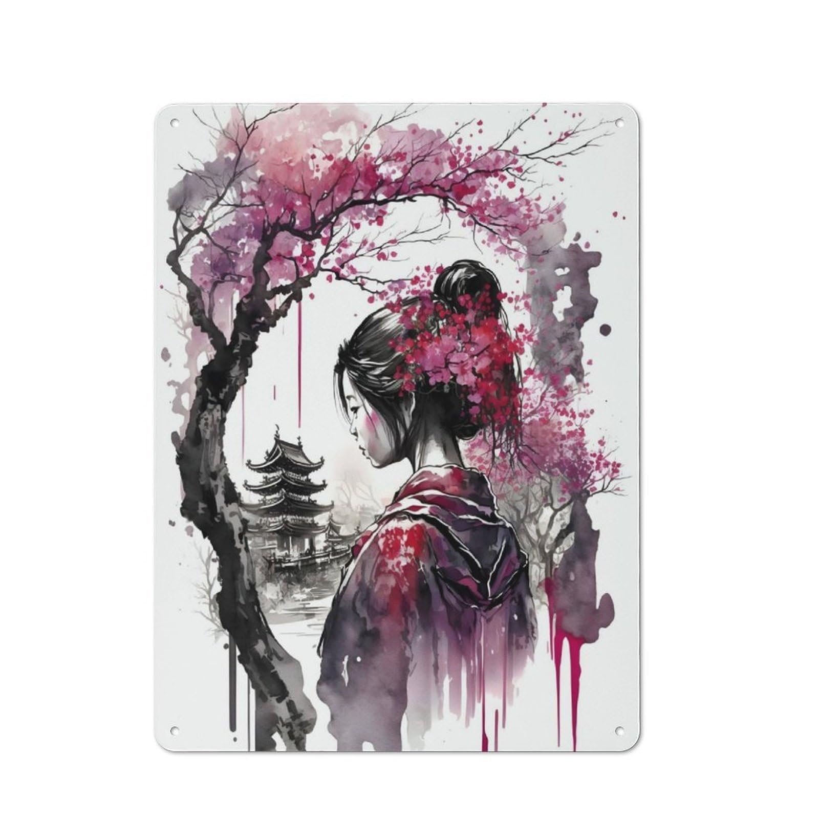 Junmoney Geisha Cherry Blossom 2 Tin Sign 40X30cm With For Workshop Wall, Vintage Decor, For Metal Sign Collectors, For Garage And Workshop Walls