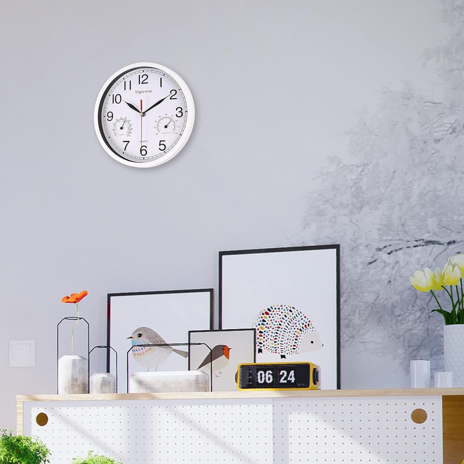 2 Pack 8 Inch Wall Clocks, Sweep Silent Movement Accurate Clocks with Temperature & Humidity, 1 PCS Black Clock and 1 PCS White Clock