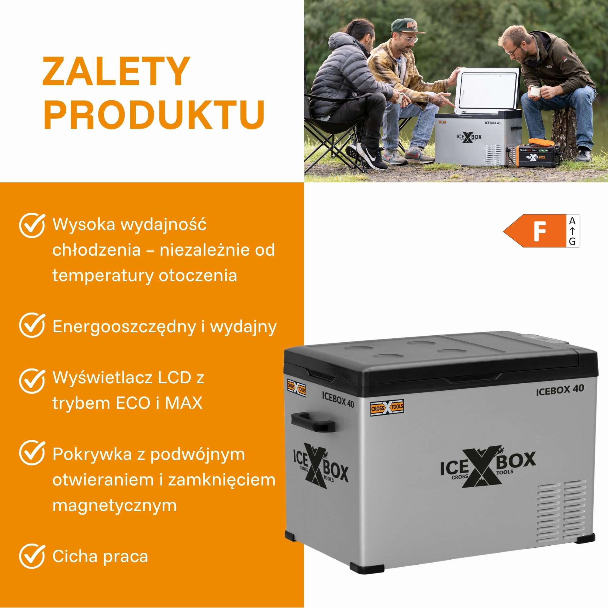 CROSS TOOLS elektryczna sprężarkowa lodówka turystyczna 37L -20°C, Camping & Auto, przenośna zamrażarka, lodówka z App, 230V/12V/24V, ICEBOX 40, 68061