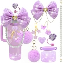 LBU Bling Stanley Cup Accessories for 40/30/20 oz Tumbler with Handle Including Glitter Bow Straw Topper, Heart Straw Cover, Pearl Water Bottle Handle Strap, Boot, Pom-Pom, Keychain CharmsPurple