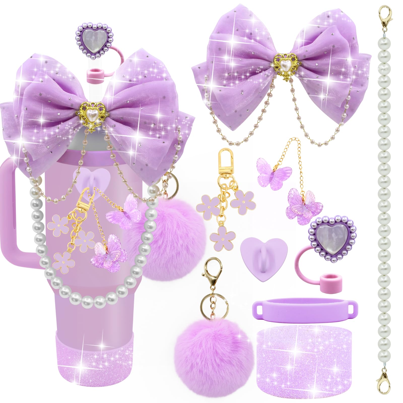 LBU Bling Stanley Cup Accessories for 40/30/20 oz Tumbler with Handle Including Glitter Bow Straw Topper, Heart Straw Cover, Pearl Water Bottle Handle