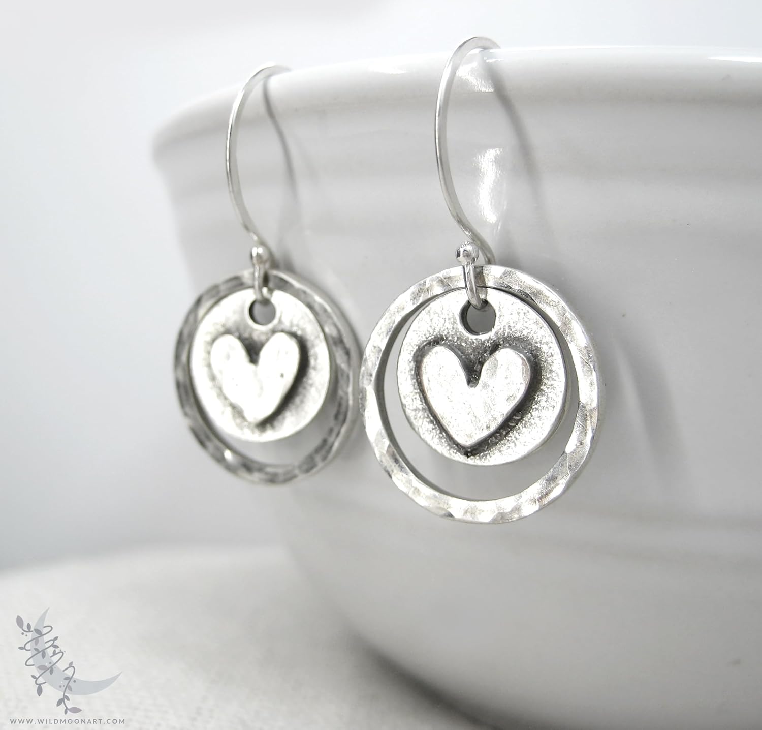 Silver Heart Earrings, Hand Hammered Sterling Silver Rustic Heart Dangle Earrings, Upcycled Metal, Love Valentine Jewelry