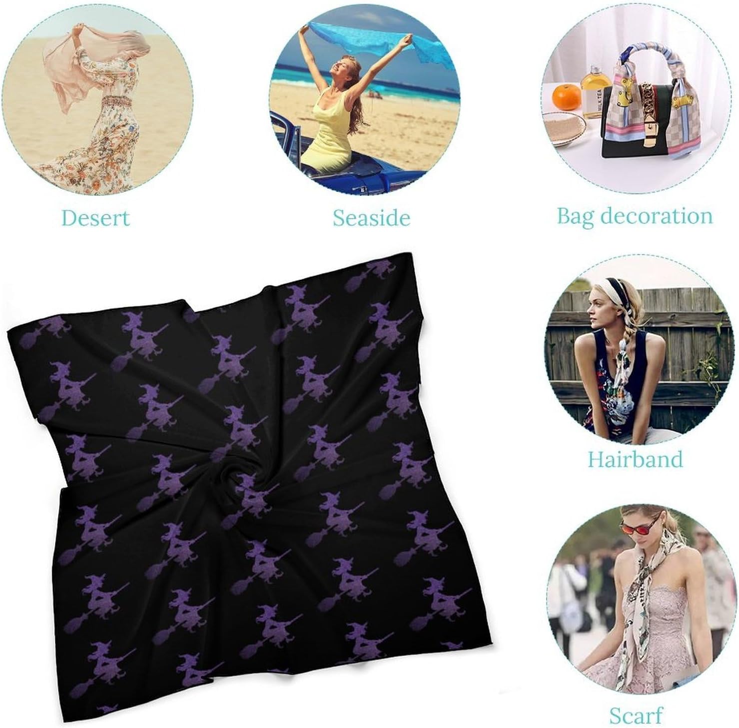 Halloween Witch Silk-Like Square Scarf for Women Vintage Printed Neck Scarf Bandanas Hair Scarves