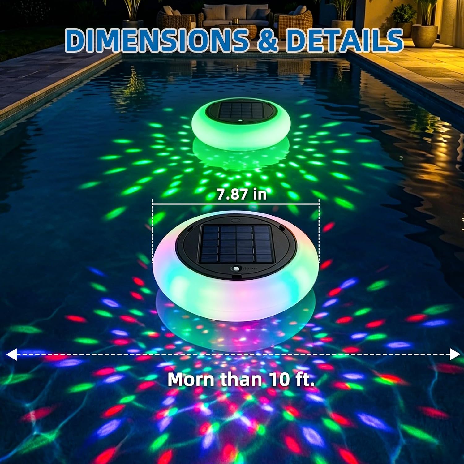 7.87" Solar Floating Pool Lights with Remote, Dynamic Lighting Effects 4 Colors & 3 Color Changing Modes, IP68 Waterproof LED Decor Lamp for Pools Party Fountain Garden Ponds (2 Pack)