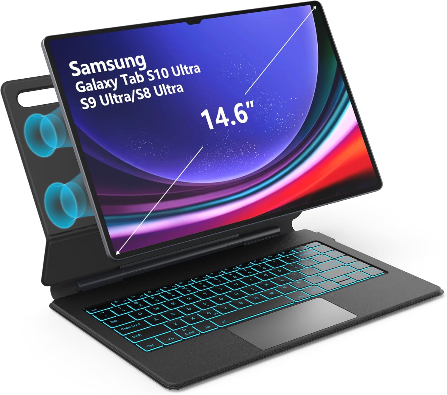 for Samsung Galaxy Tab S10 Ultra/S9 Ultra/S8 Ultra 14.6" Keyboard Case, Magnetic Floating Stand, 3-Level 7-Color Light Backlit Keyboard with Trackpad,Dex Mode, Matte Black