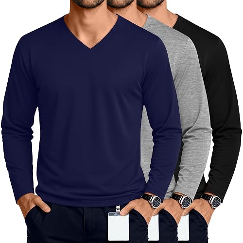 3 Pack Men's Big and Tall Undershirts Long Sleeve V Neck Shirts Base Layer Comfort Basic Tops Under Scrubs