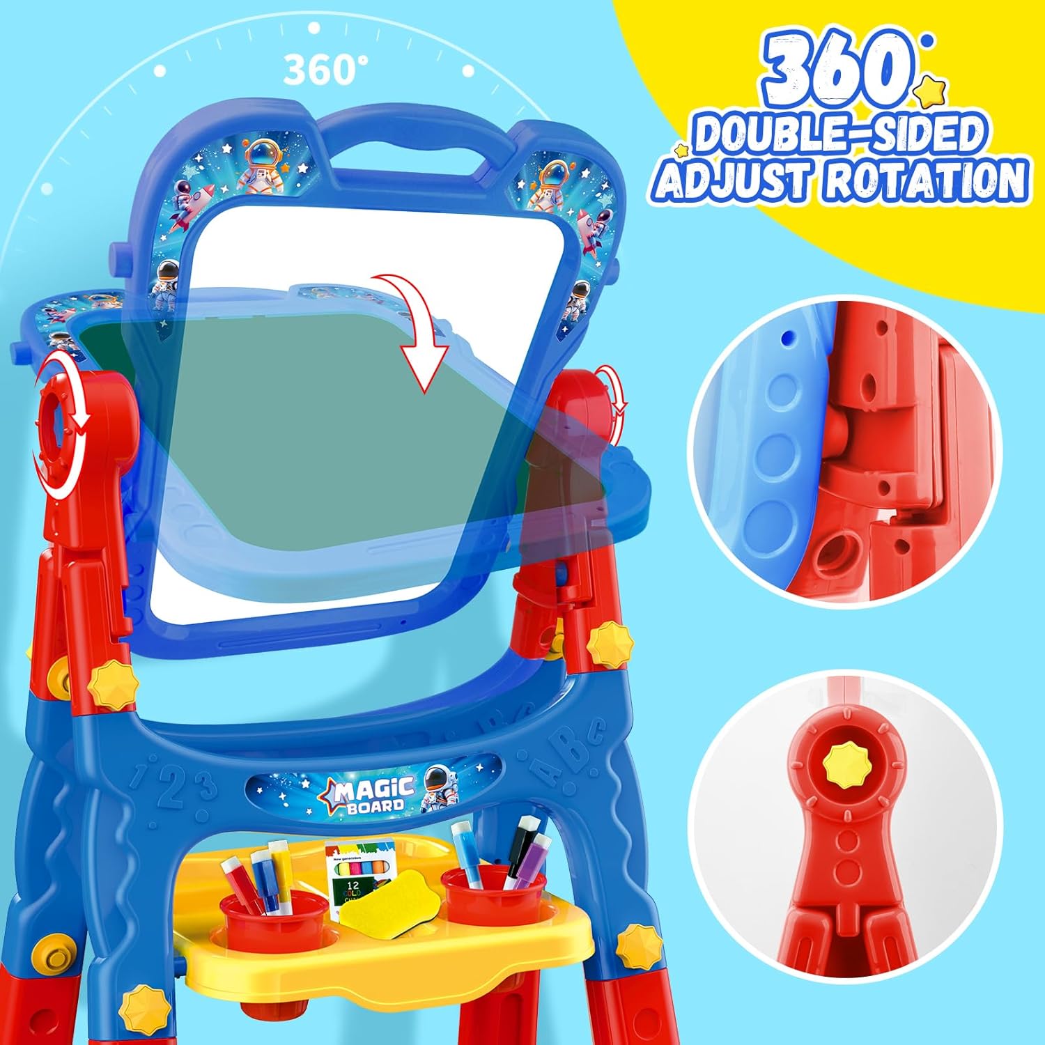 Art Easel for Kids - Adjustable Double-Sided Rotatable Magnetic White Board with Painting Accessories, Preschool Learning Toy for Boys 3-5 Years Old,Ideal Christmas Birthday Gift (Blue)