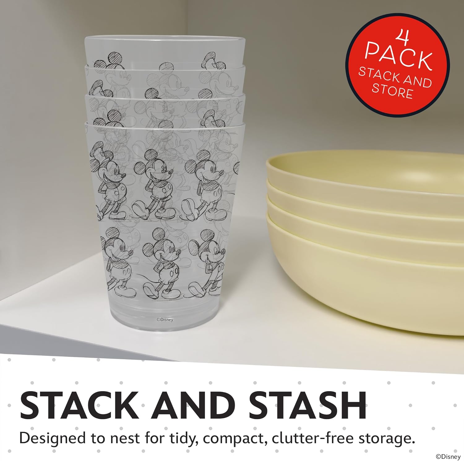 Disney Reusable Plastic Cups – 4 Pack 16 oz Plastic Drinking Glasses with Mickey, Stitch, Pooh, or Disney100 Designs – BPA-Free, Stackable, Top Rack Dishwasher Safe Tumblers for Water, Juice & More - Image 3