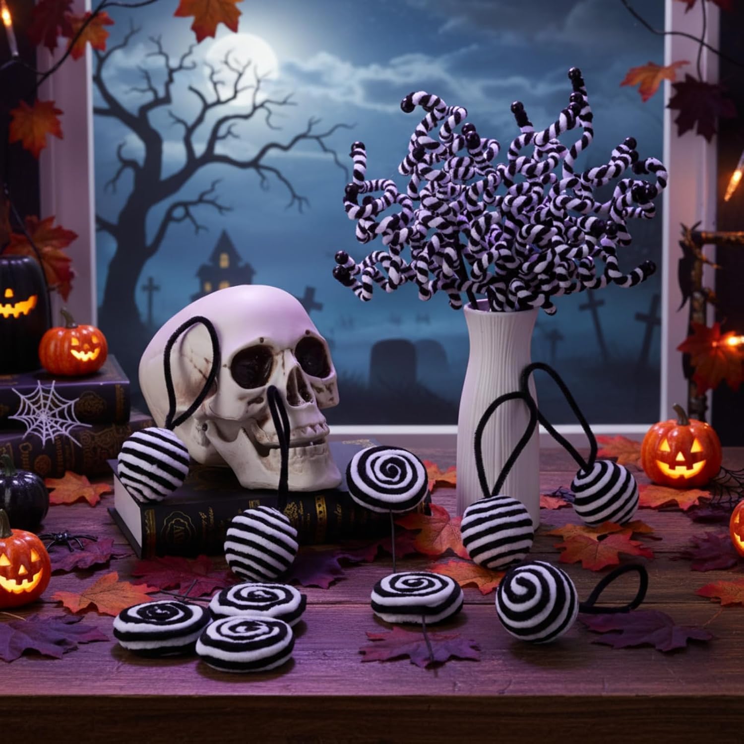 Syhood 24 Pcs Christmas Tree Black White Candy Ornaments, Fluff Christmas Balls Woolen Candy Cane Curly Picks Hanging Xmas Tree Swirl Branches for Hanging Wreath Garland Table Vase Mantel Decor