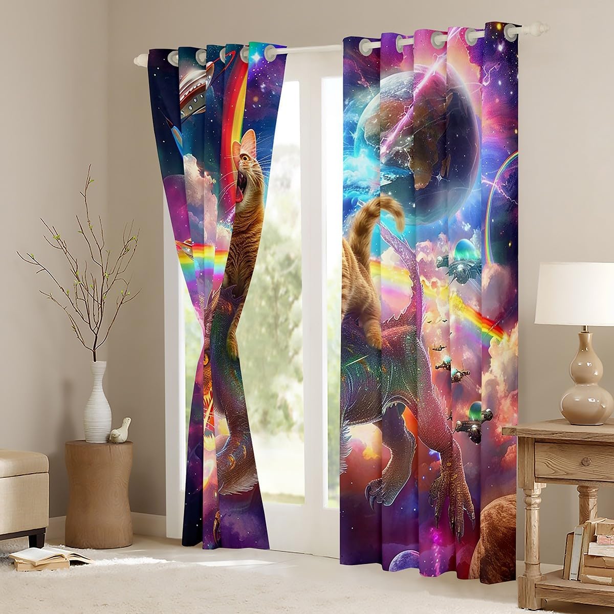Erosebridal Cat Curtains & Drapes 38" Wx45 L 2 Panels, Dinosaur Curtains for Kids Boys Girls Teens Cute Animal Rainbow Blackout Curtains Bedroom Decor,Outer Space Moon Window Curtains