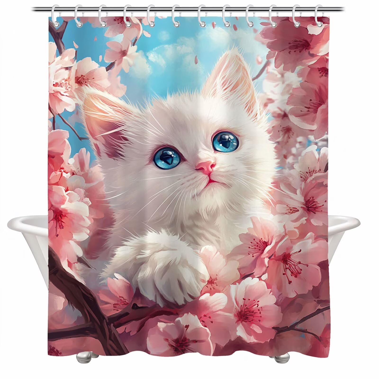 Rideau Douche Rose Rideau de Douche Anti Moisissure Imperméable Tissu Polyester Shower Curtain avec Ourlet Inférieur Lesté, 12 Crochets Lavable Shower Curtain pour Baignoire 220 x 200 cm Chat 3Y#221
