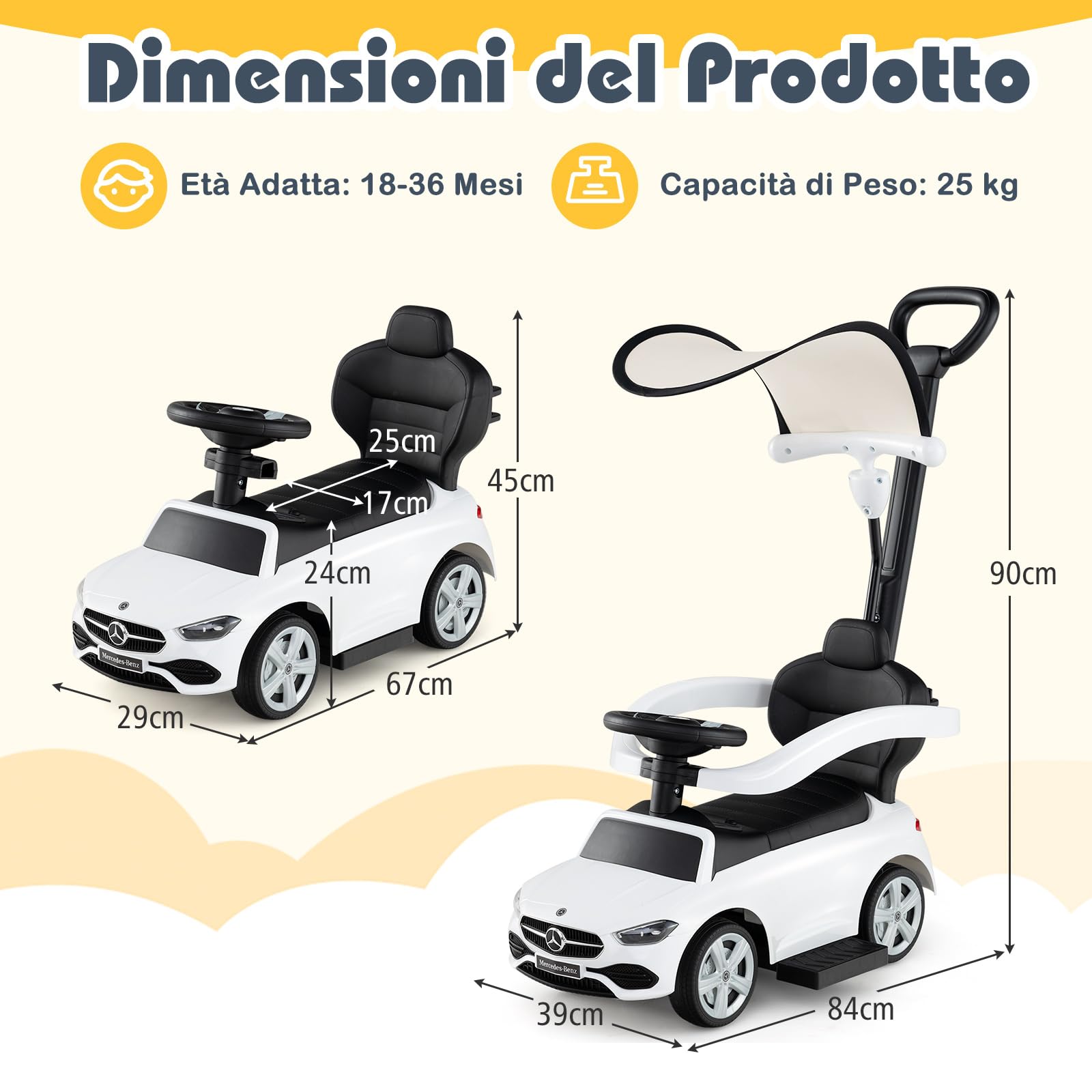 COSTWAY 3 in 1 Auto a Spinta, Mercedes-Benz Macchina Cavalcabile, con Schienale Regolabile Suono Barra di Spinta e Tettuccio, per Bambini 18-36 Mesi (Bianco)