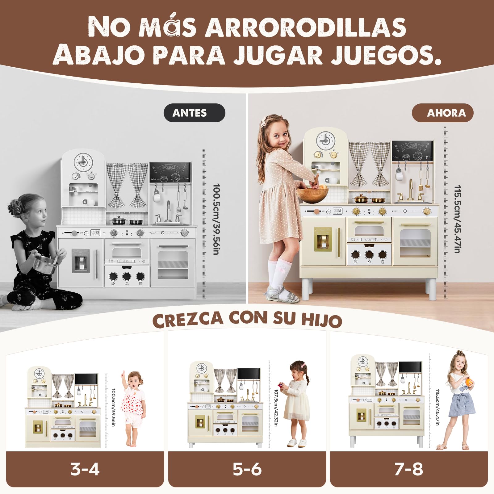 EDUBEBO Juego de Cocina para niños, Cocina de Madera Ajustable, Viene con Varios Accesorios de Cocina, Regalo Ideal para niños de 3 a 8 años (Blanco)
