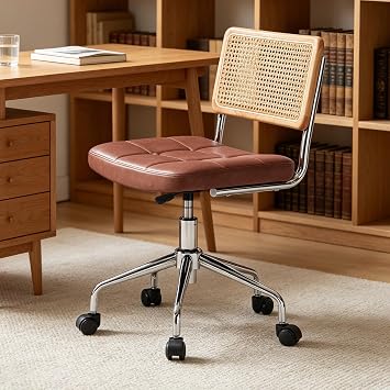 Mid Century Modern Desk Chair, Vanity Chair with Natural Rattan Back, Armless Rattan Desk Chair, Upholstered Brown Faux Leather Office Chair with Wheels