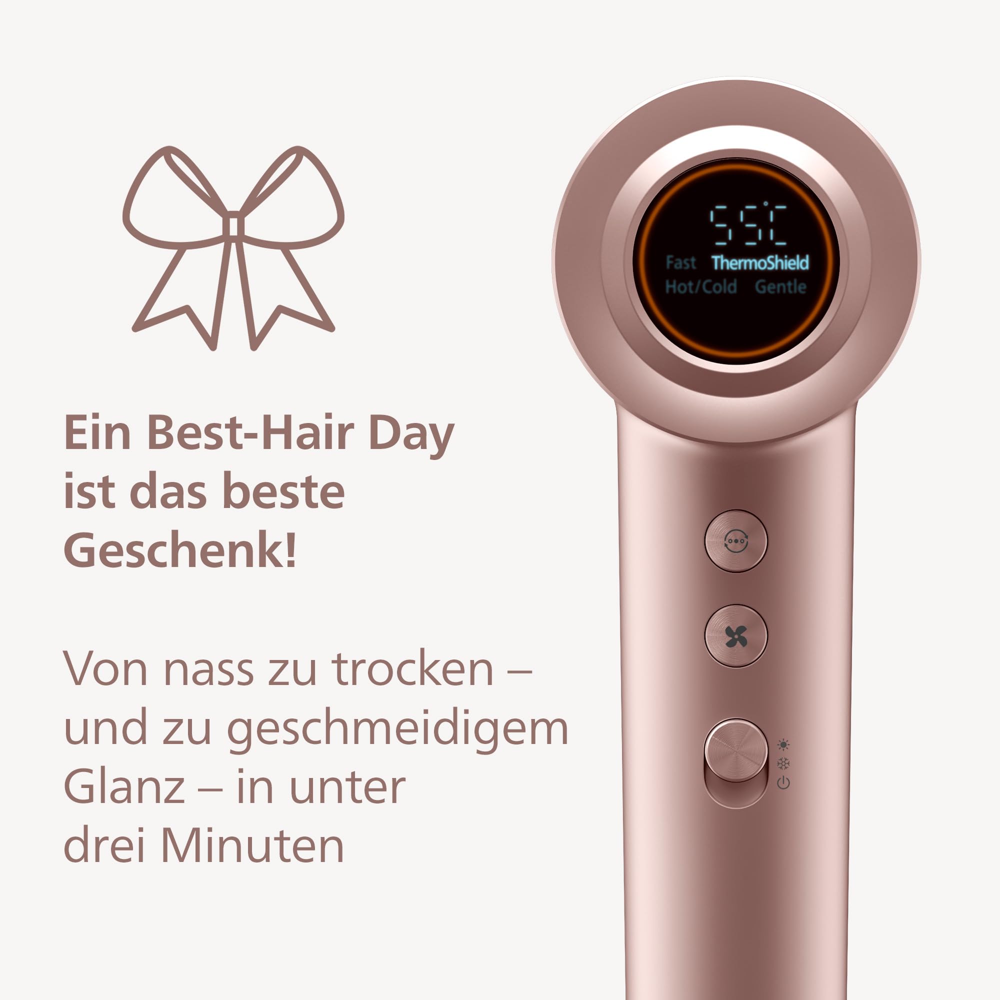 Philips Haartrockner Series 8000 – mit ThermoShield Advanced und bürstenlosem DC-Motor für schnelles Trocknen, Kopfhautpflege, 1400 W, Rosé Champagner, mit Stylingdüse und Diffusor, Modell BHD837/10