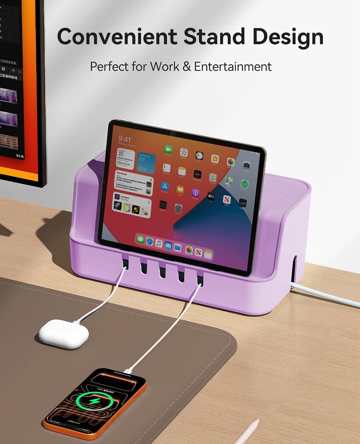 ORICO Cable Management Box with Phone Stand Lid, Large Cord Organizer Case for Hiding Power Strips & Surge Protectors, Heat Dissipation Desktop Wire Hider for Home, Office, School - PB02