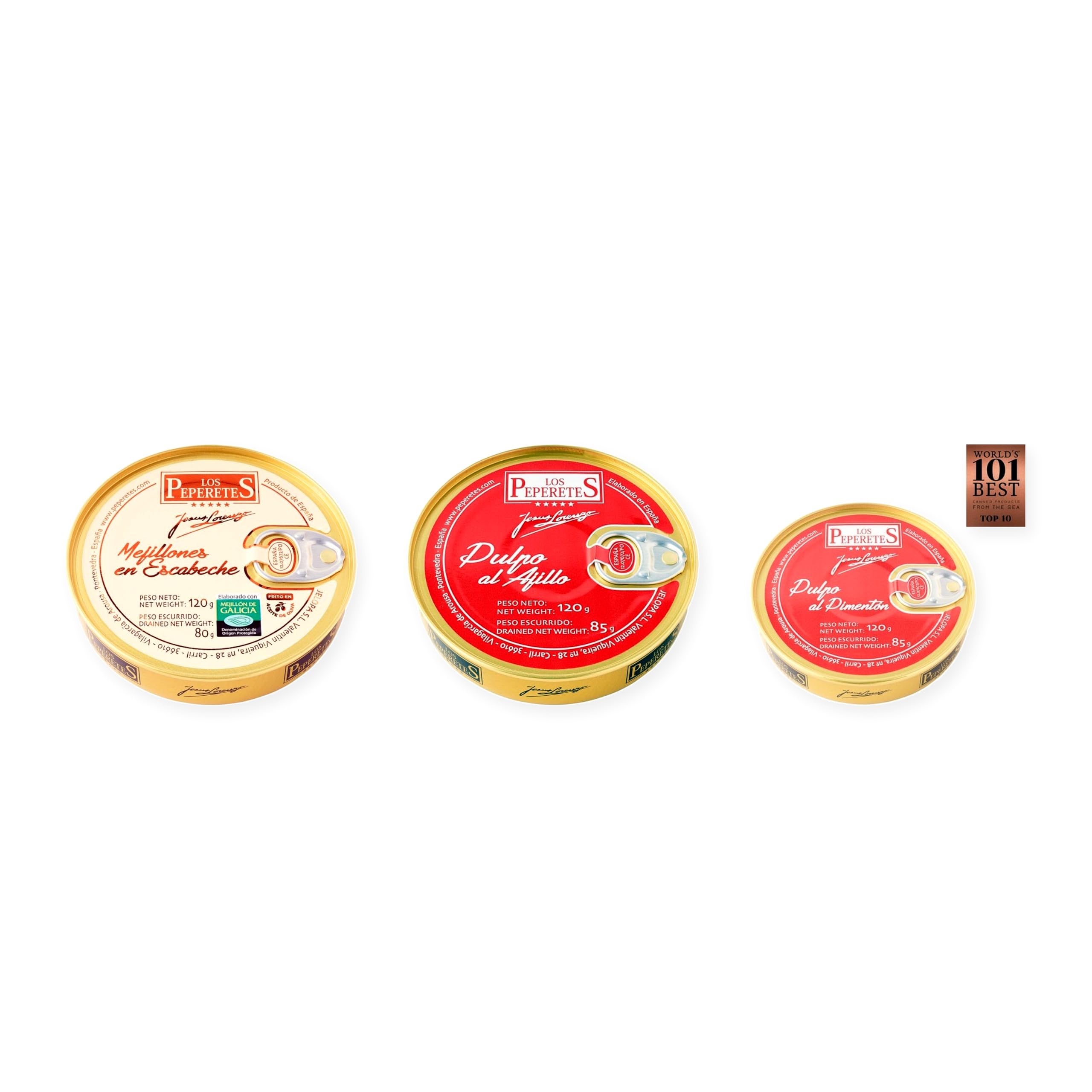 los peperetes conservas Mejillones Escabeche 10-12, Pulpo Ajillo y Pulpo Pimentón pack 3 latas