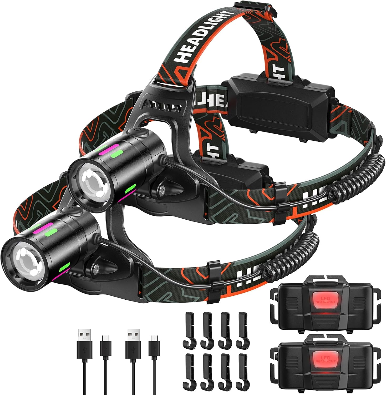 Sogdeco 2 Pack LED Rechargeable Headlamp High Lumen, Head lamp for Camping
