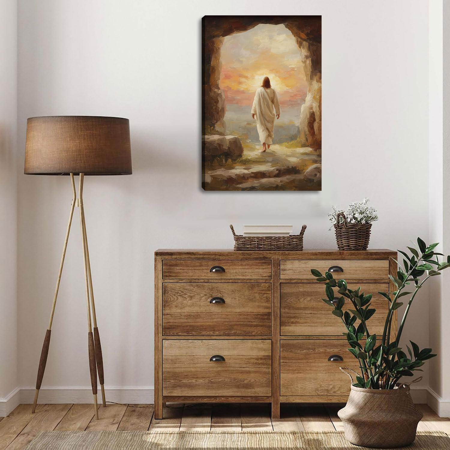 Jesus Canvas Wall Art Decor, Easter Jesus Leaves the Tomb Painting Poster, Christain Savior Pictures for Wall Living Room Bedroom Church Home Decoration 16*24 in (Stretched Canvas on A Wooden Frame)