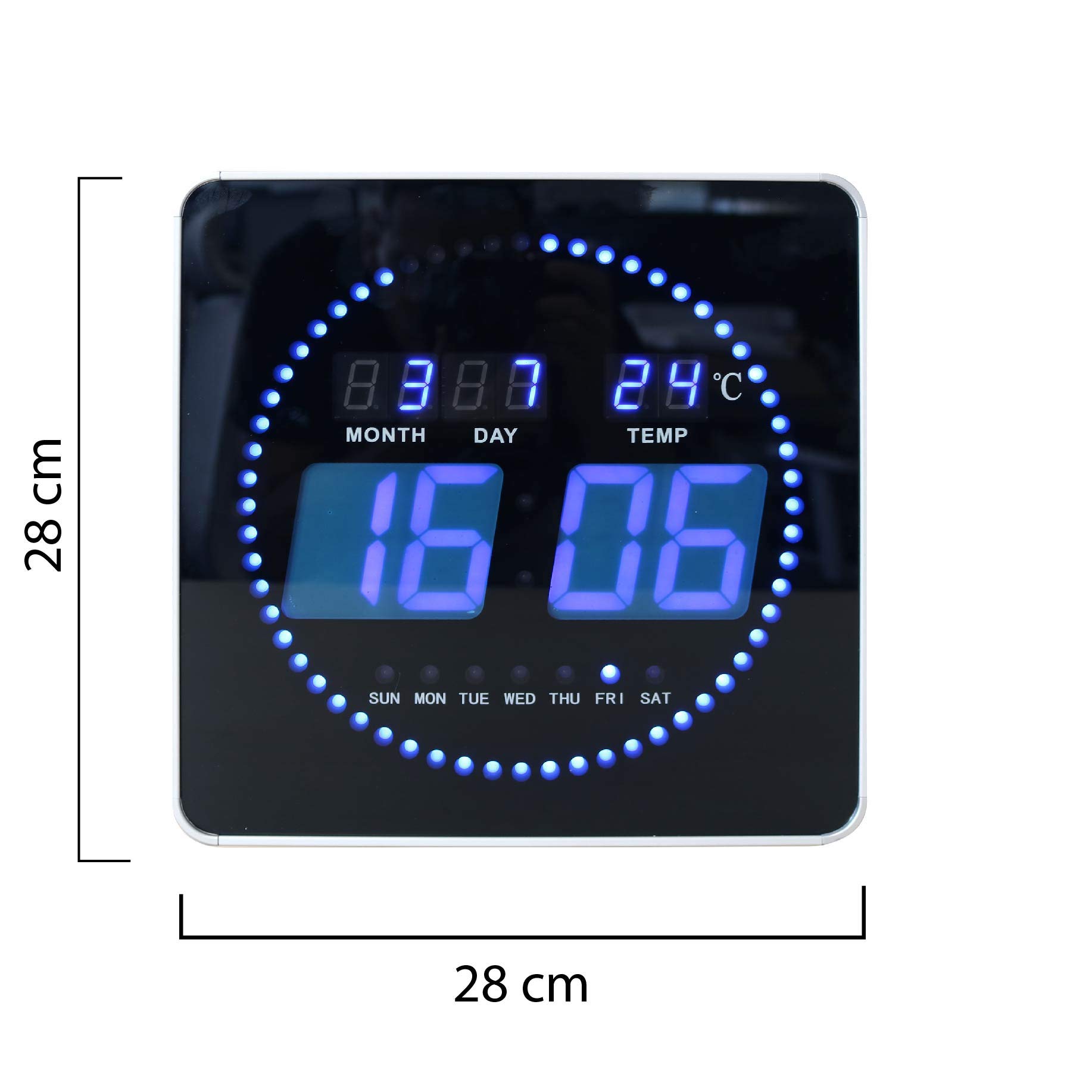 Unilux FLO LED Wanduhr, mit Datum und Temperatur, 28 x 28 cm