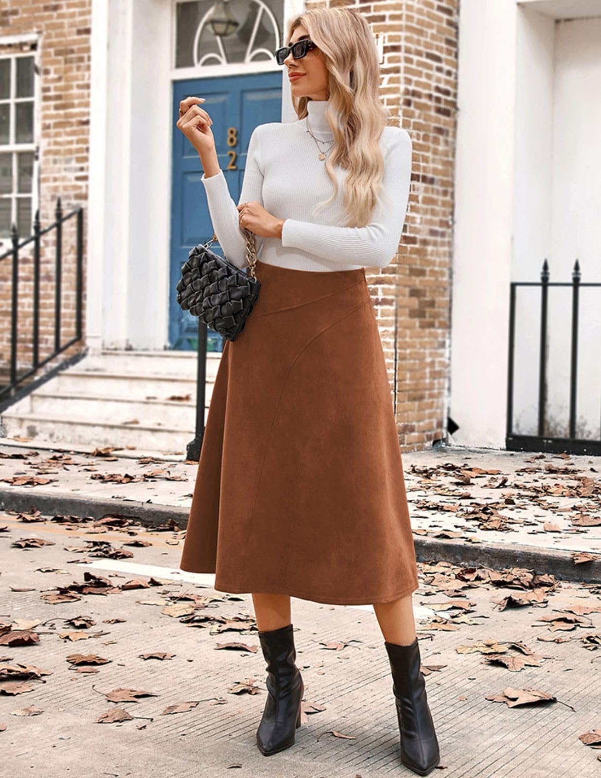 Kate Kasin Jupe Midi en Daim Femme Taille Haute Elegant A-Line Plissee