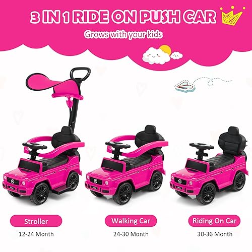 Miniatura 2 de HONEY JOY Coches de empuje para niños pequeños, cochecito de automóvil de juguete Mercedes Benz con asa de empuje y barandilla desmontable, sonido