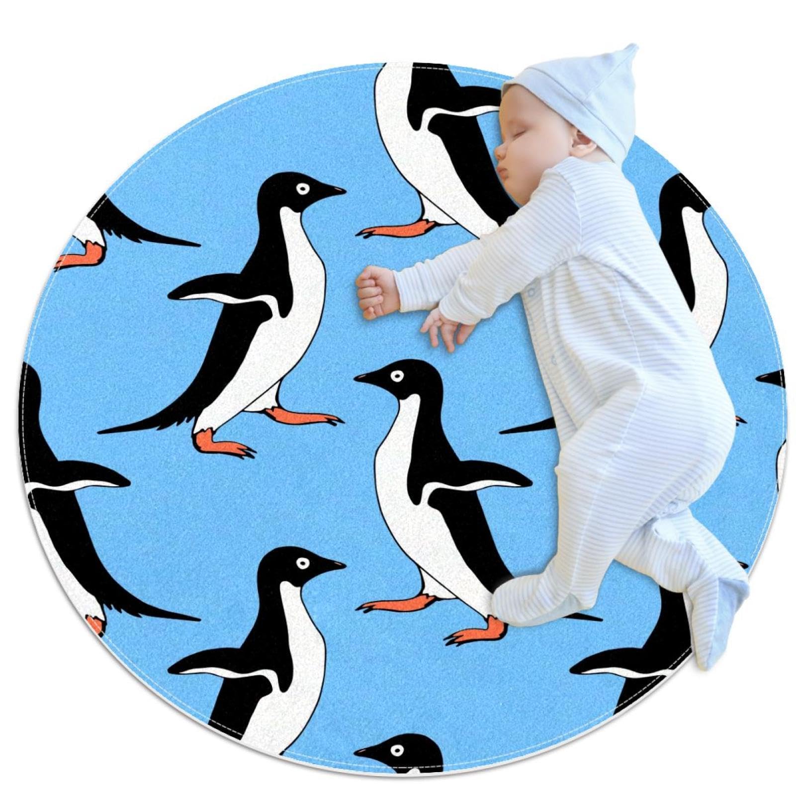 Tapis de salle de bain rond 1m pingouins bleu et camomille antidérapant
