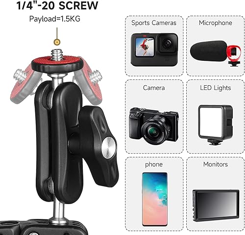 Miniatura 4 de MINIFOCUS Soporte de abrazadera para cámara Super Clamp de 360, brazo mágico de cabeza esférica de 360 con adaptador de soporte de extensión de