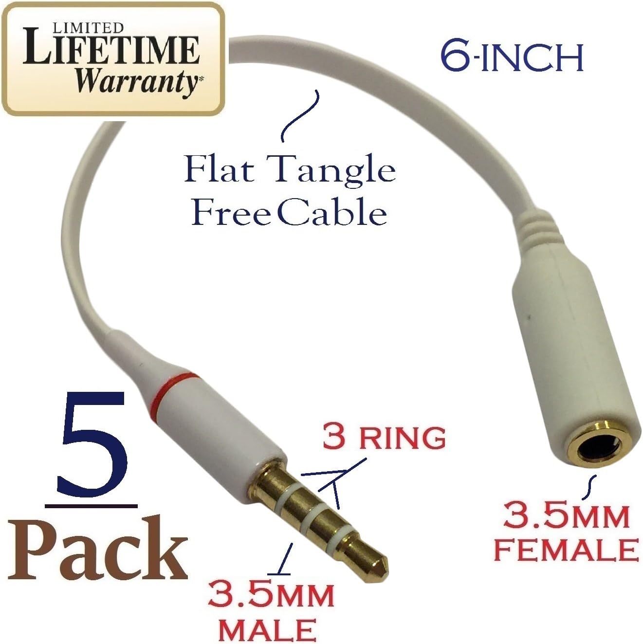 Josi Minea 5 Pcs 3.5mm Headphone Extender Adapter Flat Tangle Free Cable with Gold Plated 3 Ring Jack for Apple iPhone/iPad, Samsung Galaxy Phone/Note, Most Smartphones & Tablets [5 Pack - White]