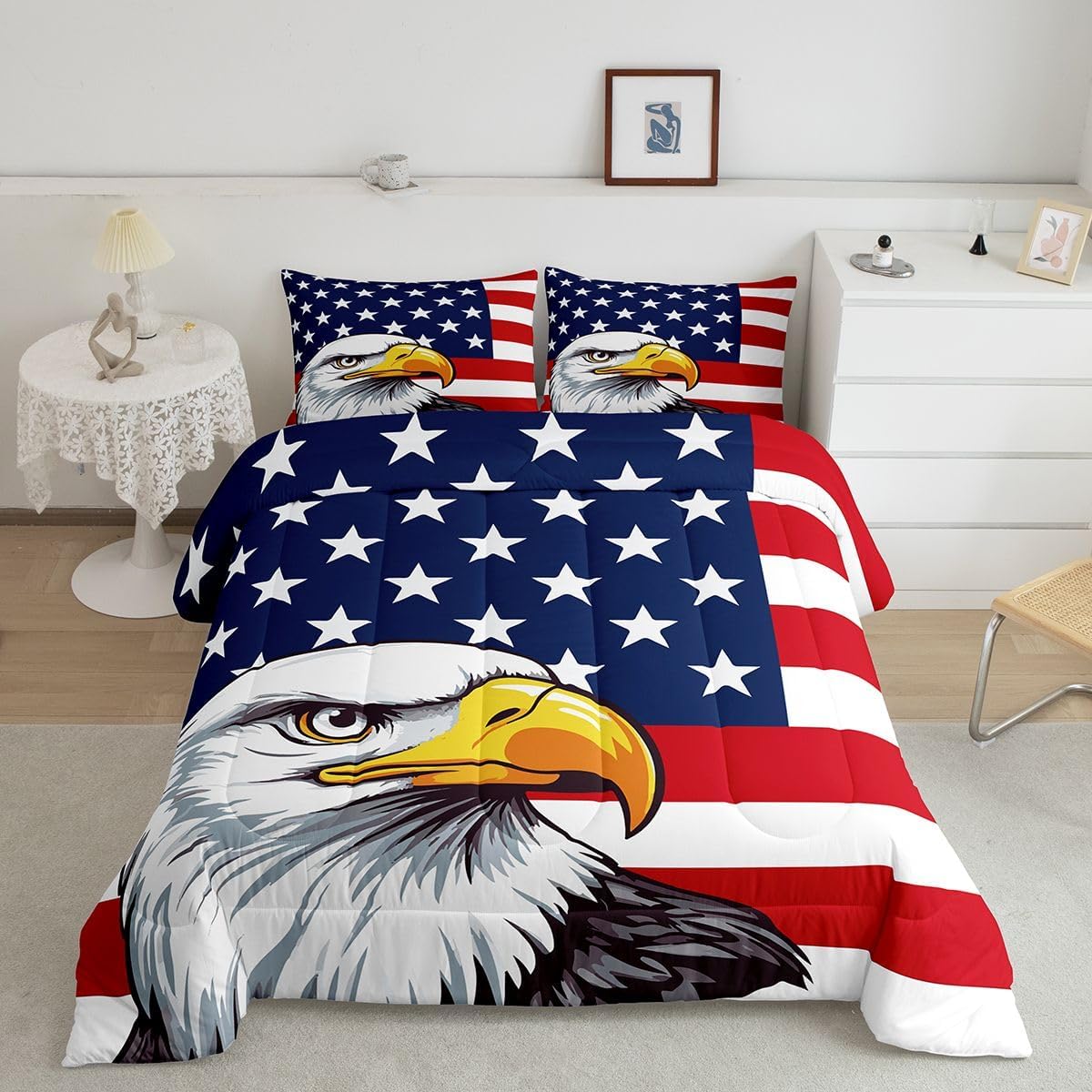 Erosebridal American Flag Bedding Set, Eagle Comforter Set Queen Size for Kids Teens Adult, United States Quilted Duvet Boys USA Federations Stars Stripe Down Comforter, Blue Red and White