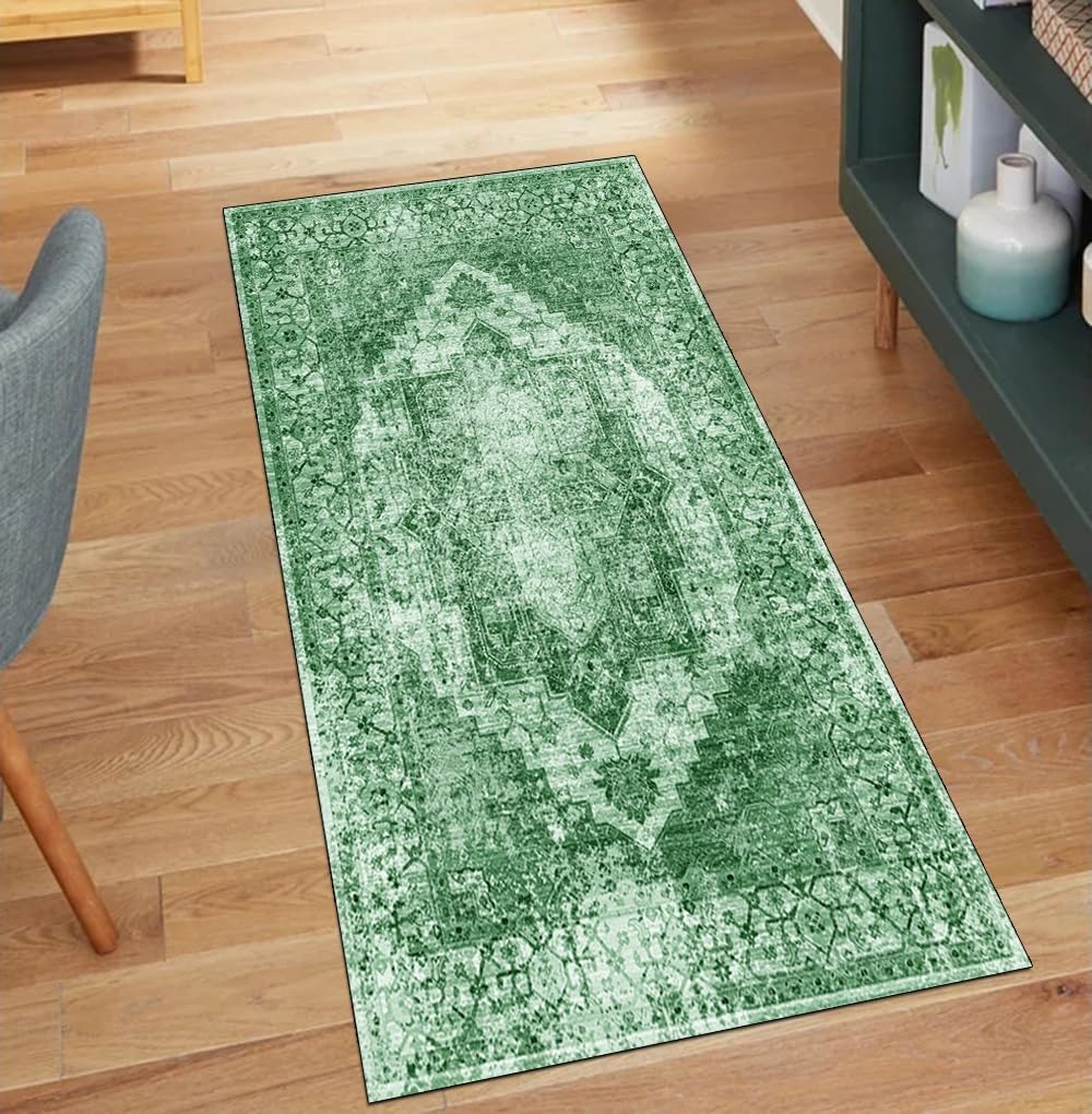 Tapis de couloir vintage antidérapant lavable vert au mètre 90x850 cm