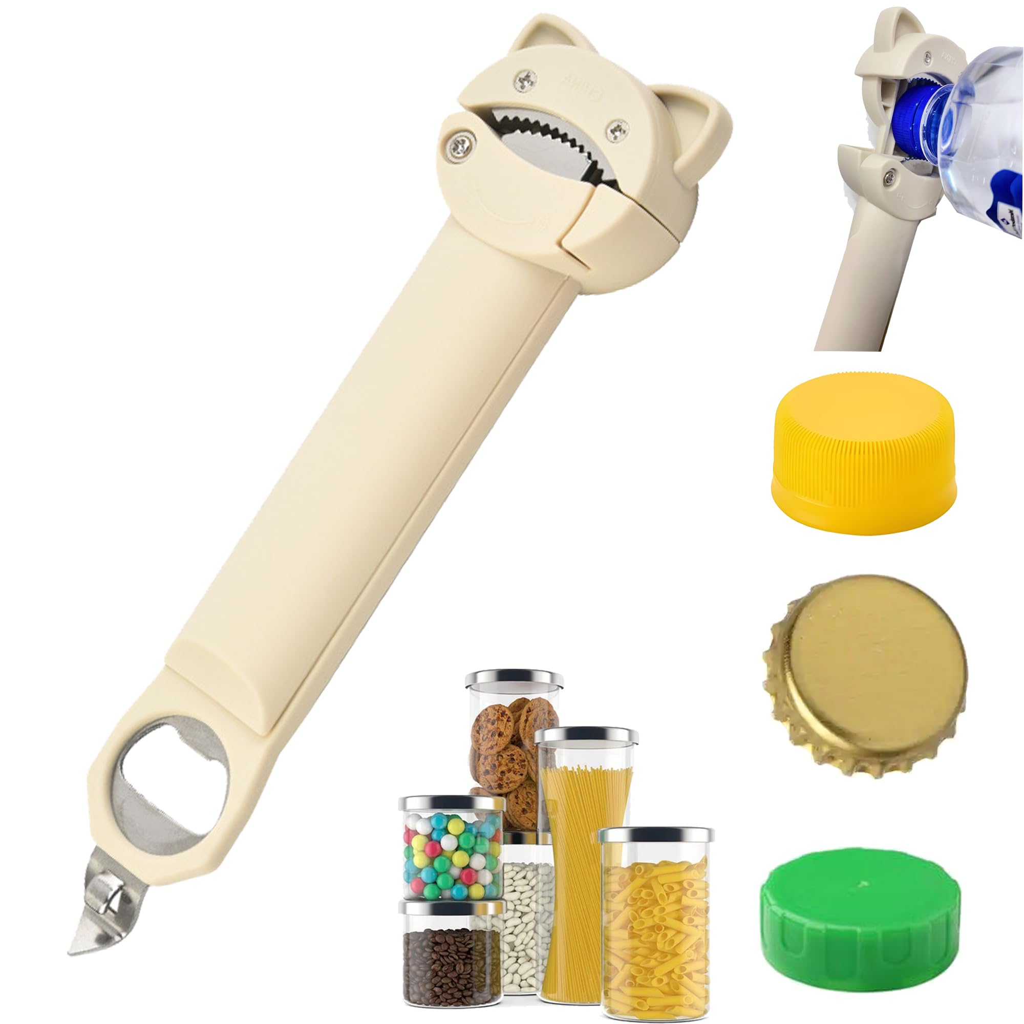 AHN Magnetic Bottle Opener & Jar Opener - Multi-Function Gripper for Tight Lids Cans Twist-Off Caps with Strong Suction Base Kitchen Gadgets, Gift for Elderly/Rheumatoid Arthritis (Off-White)