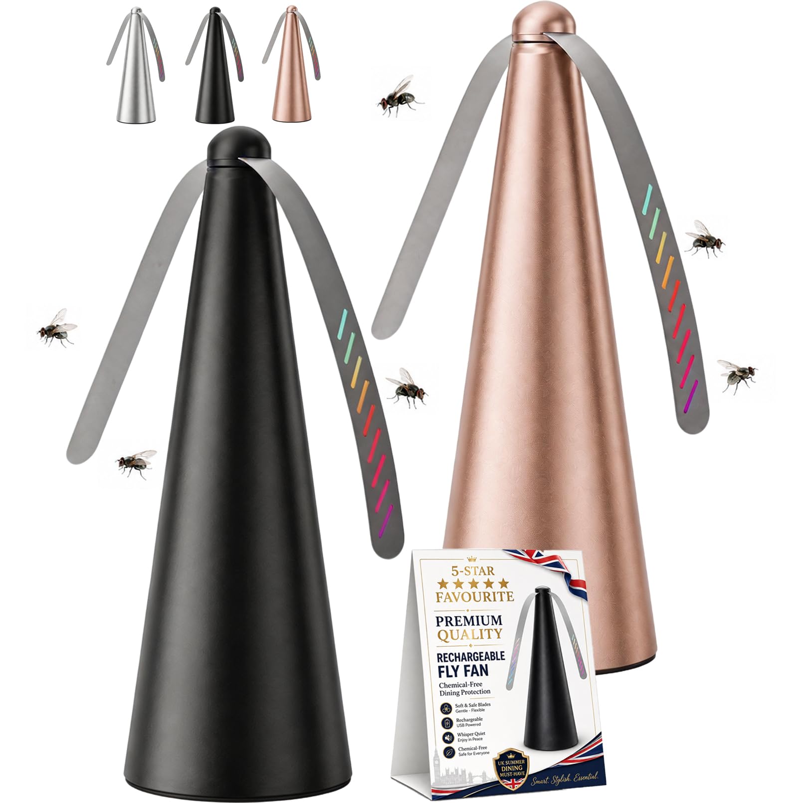 ZHENWO USB Rechargeable Fly Repellent Fan, Fly Deterrent for Table, Double Side Soft Holographic Blades, Portable Effective Fly Repellents Fan for Indoor & Outdoor Picnic, Party Use (Black+Gold)