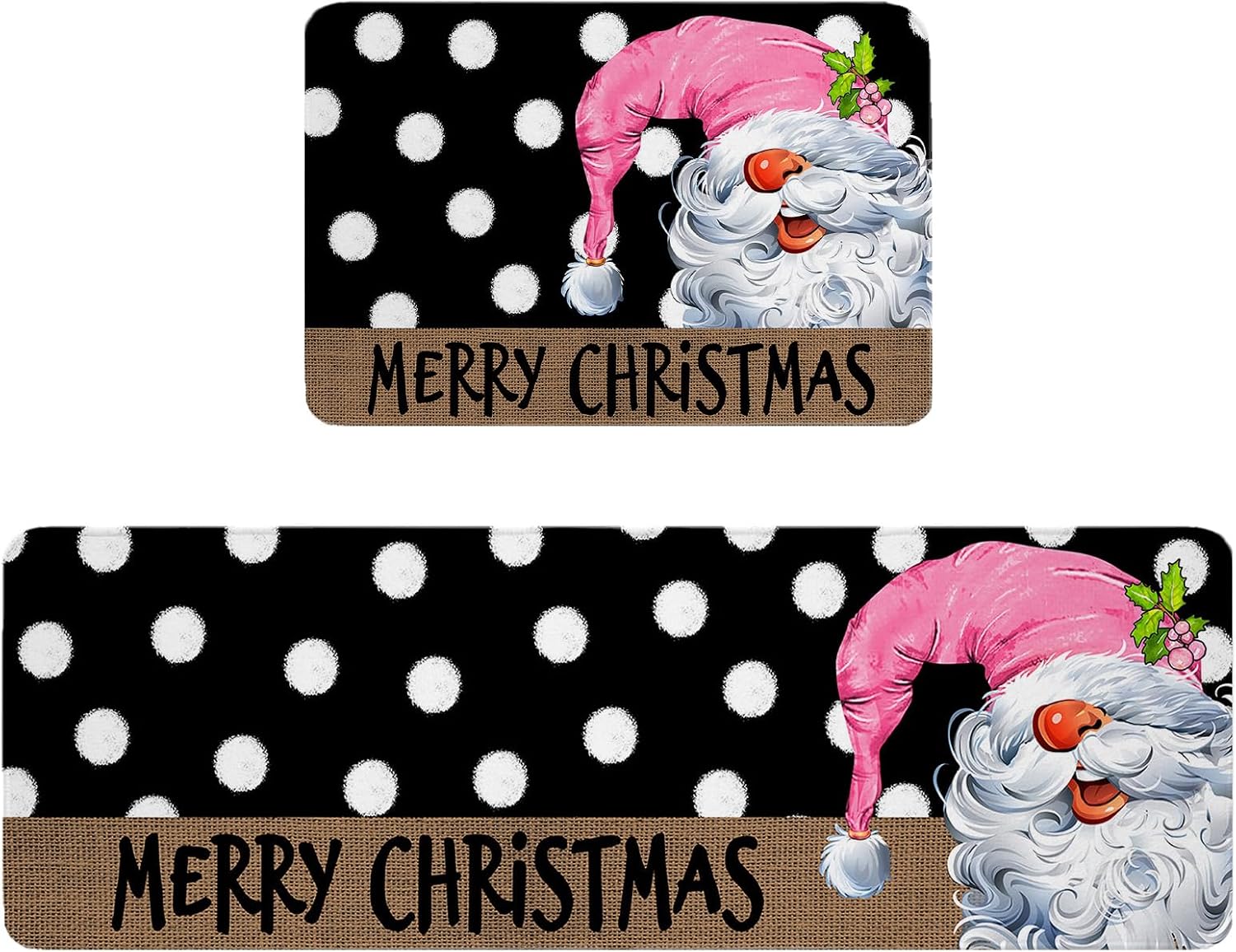 Merry Christmas Kitchen Rug 2 PCS, Non-Slip Soft Absorbent Standing Mats for Kitchen Bathroom Living Room Laundry Room Runner Rug Set Pink Xmas Gnomes White Polka Dots Black 16x24+16x47