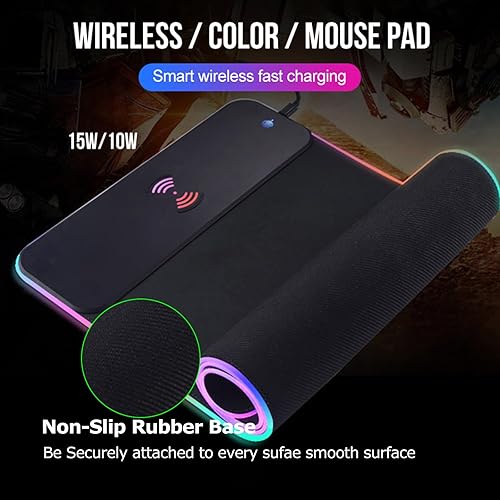 Miniatura 4 de Alfombrilla de mouse de carga inalámbrica RGB, alfombrilla grande para mouse para juegos con carga inalámbrica, 7 modos de luz estática y 3 modos