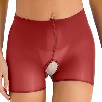 Womans See-Through Boxer Briefs Boyshorts Panties Stretchy Hollow Out Mesh Sheer Biker Shorts Red One Size
