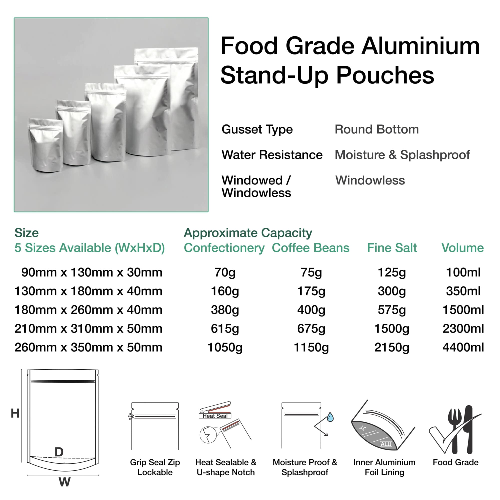 Evergreen Goods Frischhaltebeutel aus Aluminiumfolie, wiederverwendbare Beutel, hitzeverschließbar, Standfest, Druckverschlussbeutel mit Einreißkerbe, Tee, Kaffeebohnen, Nüsse (100, 210 x 310 mm)