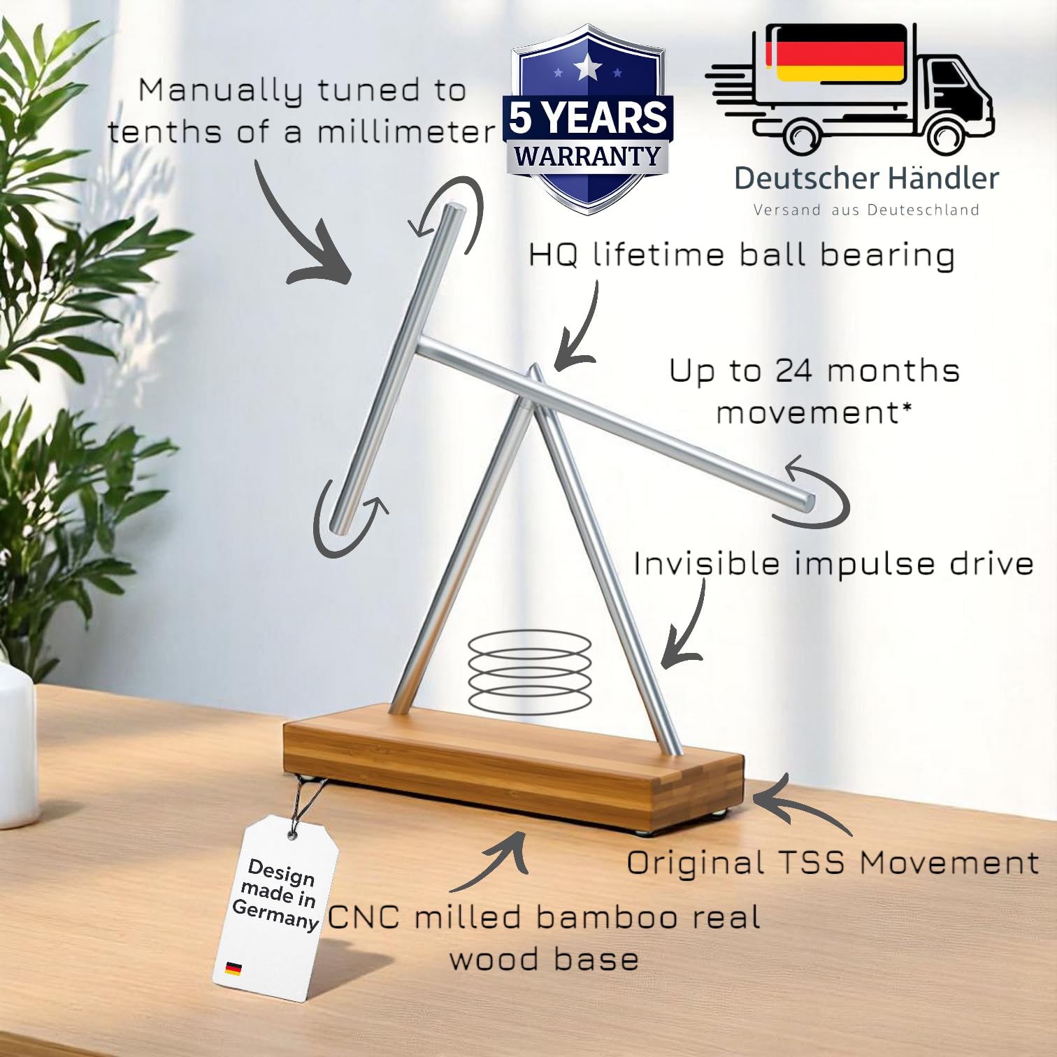 Original - The Swinging Sticks® Infinity | Faszinierende Kinetik-Skulptur mit edlem massiven Bambus-Sockel | Perpetuum Mobile Illusion | Handgefertigt | EIN Blickfang für Moderne Wohn- & Arbeitsräume