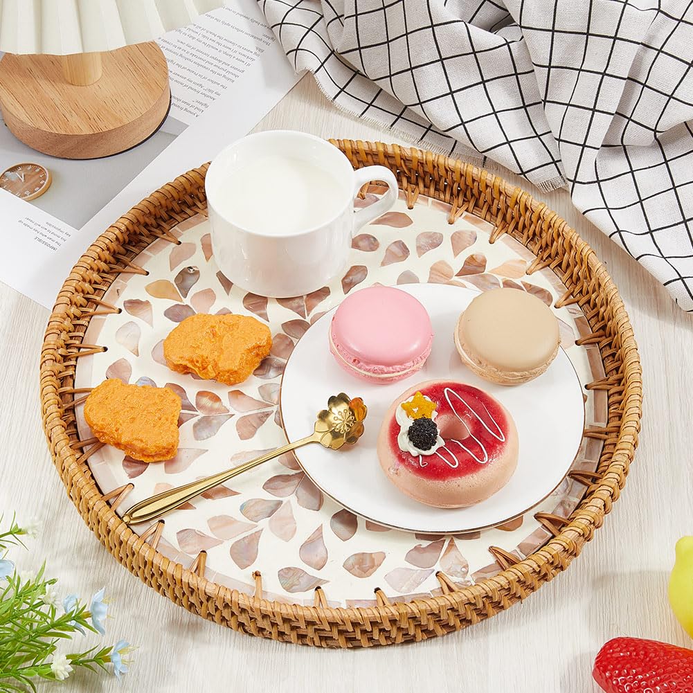 CREATCABIN Plateau Rond Rotin Plateau Service Rotin Tissé Base Bois Panier Tissé Main Panier Décoratif Osier Plateau Organisateur pour Décoration Table Rangement Affichage Petit Déjeuner 11.8 Pouce