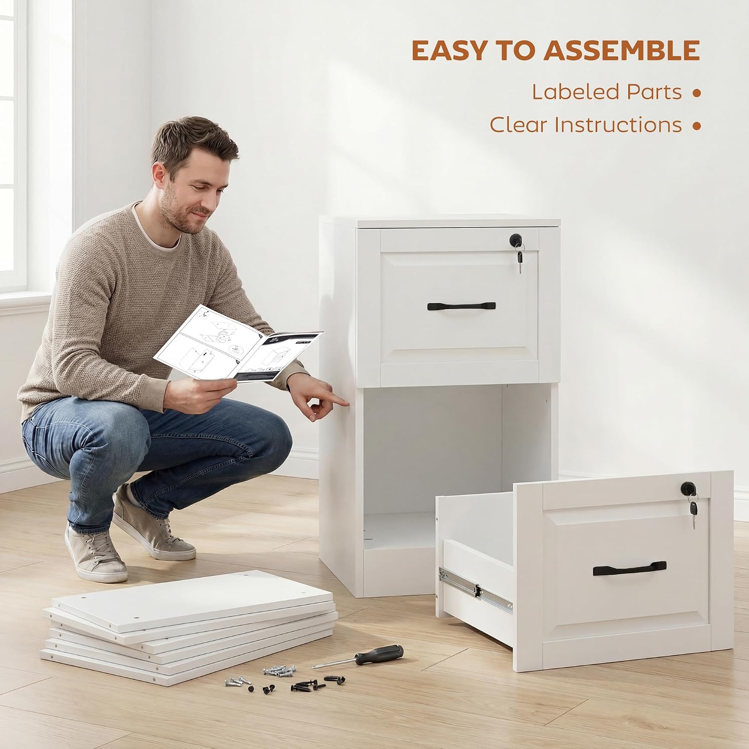 HOMCOM 2 Drawer File Cabinet with Lock, Vertical Filing Cabinet with Adjustable Hanging Bars for A4 and Letter Size, Printer Stand for Home Office, White