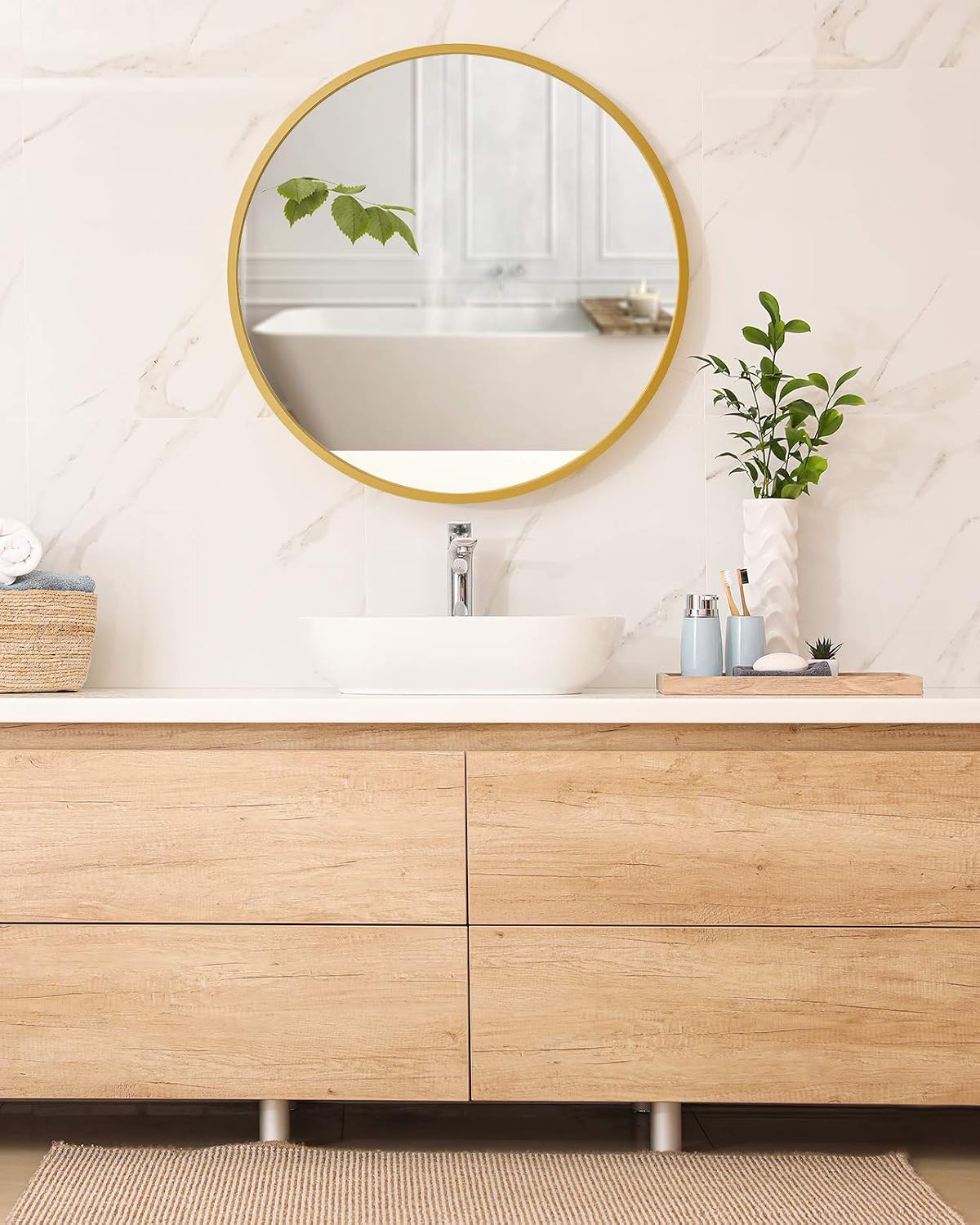 SHINESTAR Gold Round Mirror 24 Inch, Brushed Brass Modern Circle Wall Mirror for Bathroom, Bedroom, Living Room, Entryway and More