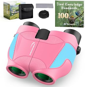 Aurosports 15x25 Compact Binoculars for Kids - Small Binoculars Lightweight with Carrying Case Birding Guide for Bird Watching Hiking Camping Travel Gift for 8-12 Years Boys Girls Pink