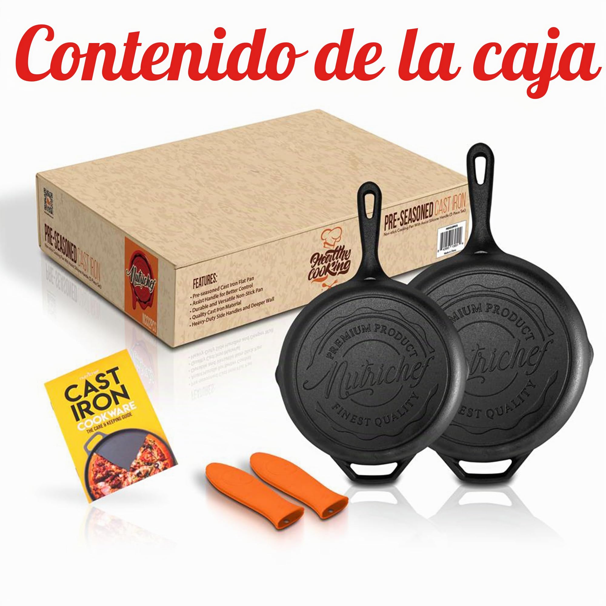 NutriChef Sartenes de Hierro Fundido de 25,4 cm y 30,5 cm- Duraderas, Antiadherentes, Mangos de Silicona, para Horno, Parrilla y Todas Las Placas