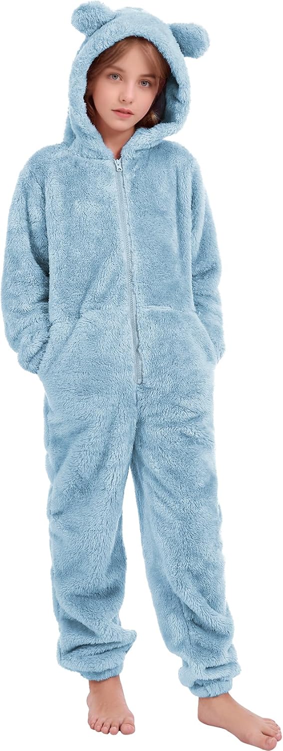 PEHMEA Girls Fleece Jumpsuits Hooded Zip-Up with Pockets, Winter Warm Sherpa Romper for Kids 5-14 Years