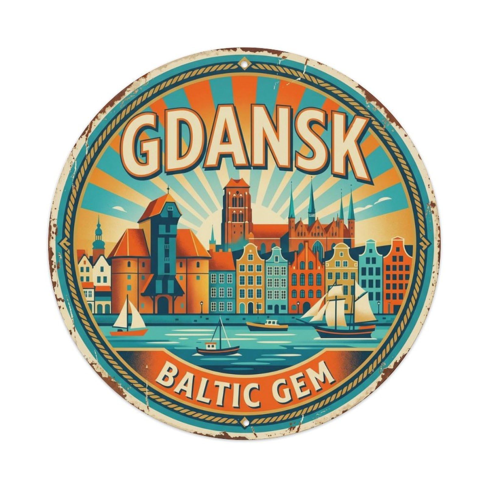 Vintage Travel Gdansk Poland Town Metal Tin Sign Plaque Wall Decor for Cafe, Club, Garden Round Metal Poster 8x8Inch