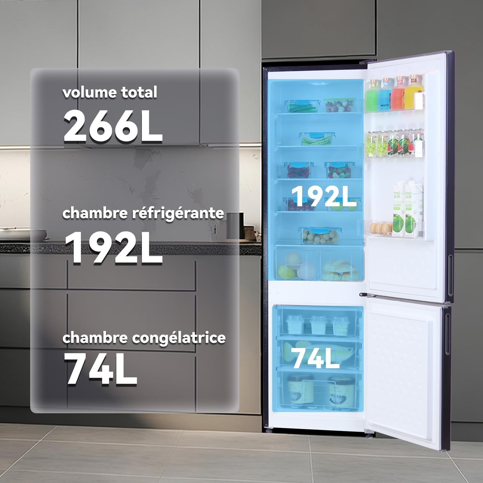 magictec Frigo congelateur combiné,refrigerateur congelateur combine | 266 L (192 L/74 L) | Réfrigérateur congélateur no frost | Pose libre | Éclairage LED | Métallique