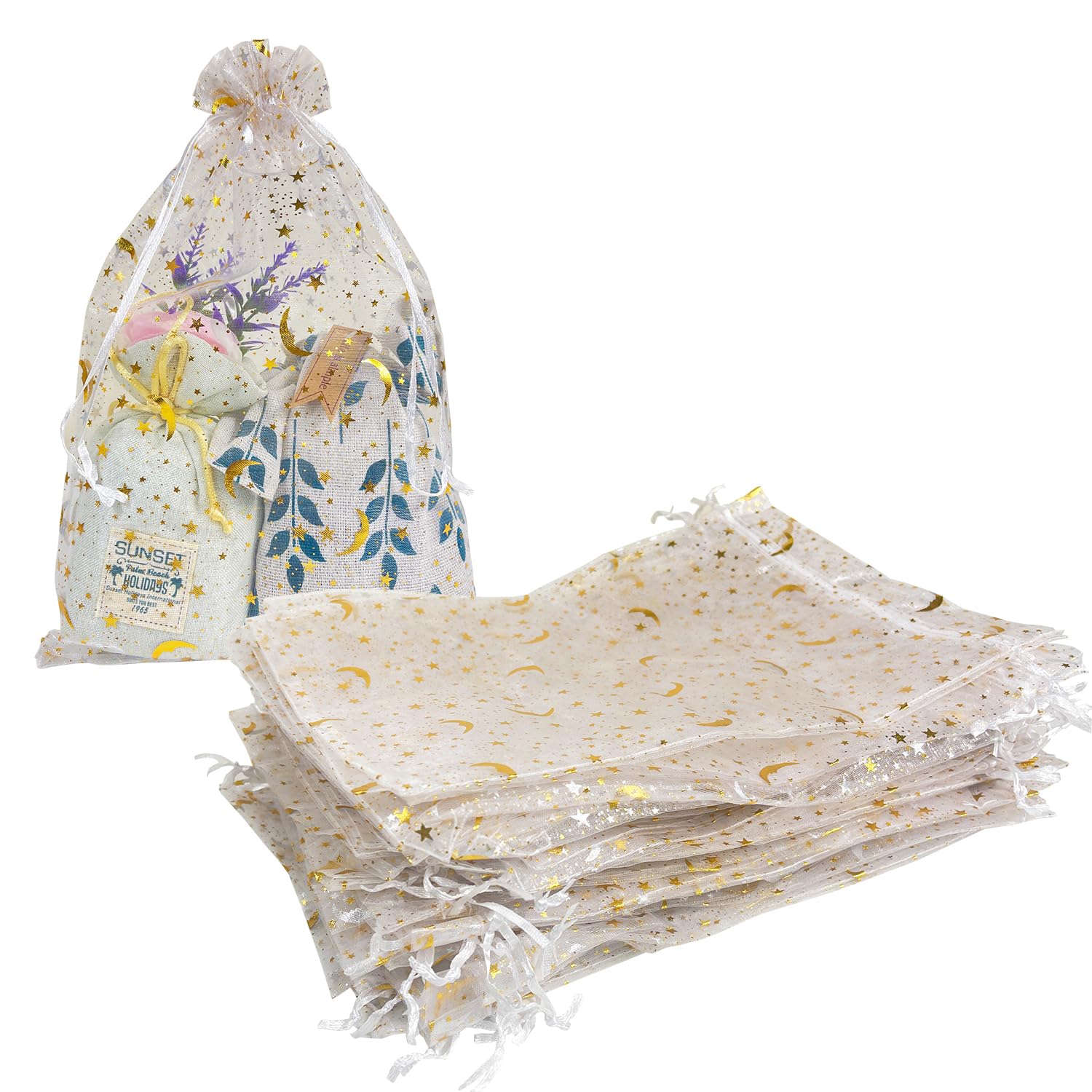 ANSLEY SHOP 50PCS 8x12 Inches Organza Gift Bags with Drawstring Gift Packaging Big Bags (White,Stars Moon)